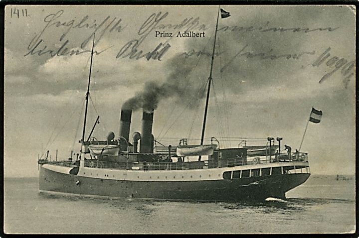 10 pfg. Germania på brevkort (Tysk postdamper Prinz Adalbert) annulleret med dampskibsstemepel KORSØR-KIEL DPSK:POSTKT: No. 4 d. 8.7.1906 til Hamburg.