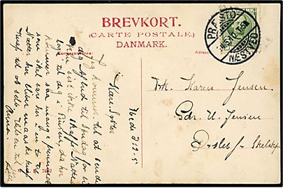 5 øre Fr. VIII på brevkort (Olstrup kirke) annulleret med bureaustempel Præstø - Næstved T.5 d. 14.5.1910 til Ørslev pr. Skælskør.
