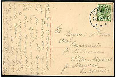 5 øre Chr. X på brevkort (Dalmose kgl. priv. kro) dateret ombord på færgen Tranekær i Korsør og annulleret med brotype IIIb Lohals d. 23.7.1916 til Næstved.