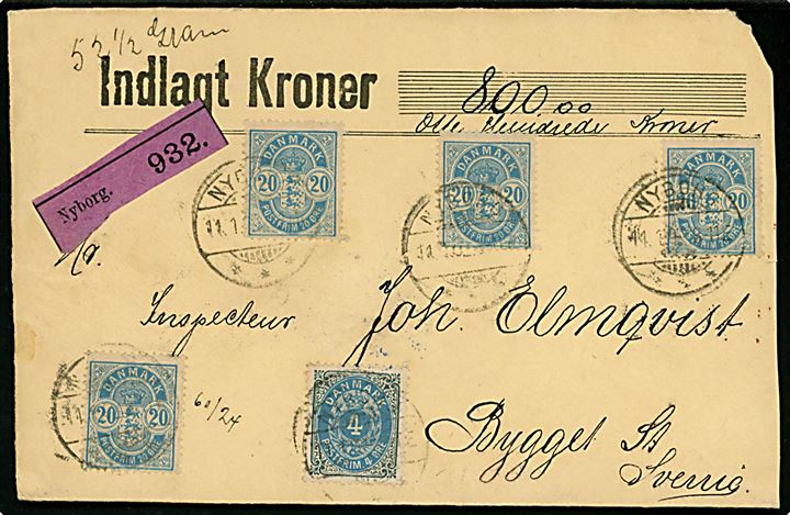 4 øre Tofarvet og 20 øre Våben (4) på 84 øre frankeret værdibrev fra Nyborg d. 11.1.1892 via svensk bureau PKXP No 2 C UTR.EXP.1 d. 12.1.1892 til Bygget St., Sverige.