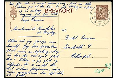 20 øre Fr. IX helsagsbrevkort (fabr. 188) annulleret med brotype IId Kølleregaard d. 10.10.1956 til Hillerød.