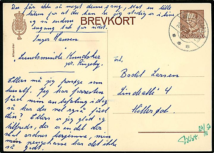20 øre Fr. IX helsagsbrevkort (fabr. 188) annulleret med brotype IId Kølleregaard d. 10.10.1956 til Hillerød.