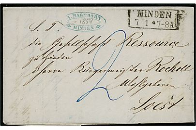 1854. Portobrev med rammestempel Minden d. 7.1.1854 til Soest.