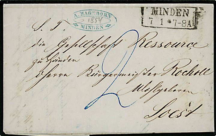 1854. Portobrev med rammestempel Minden d. 7.1.1854 til Soest.
