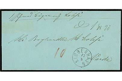 1872. Pakkefølgekort med lapidar stempel Kiøbenhavn d. 17.8.1872 til Varde. Påskrevet 10 sk. porto.