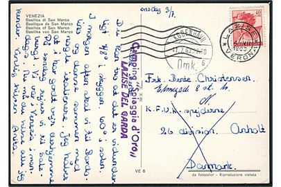 Italiensk 40 l. på brevkort fra Lazise d. 4.7.1963 til KFUK Spejderne på Anholt - eftersendt til København.