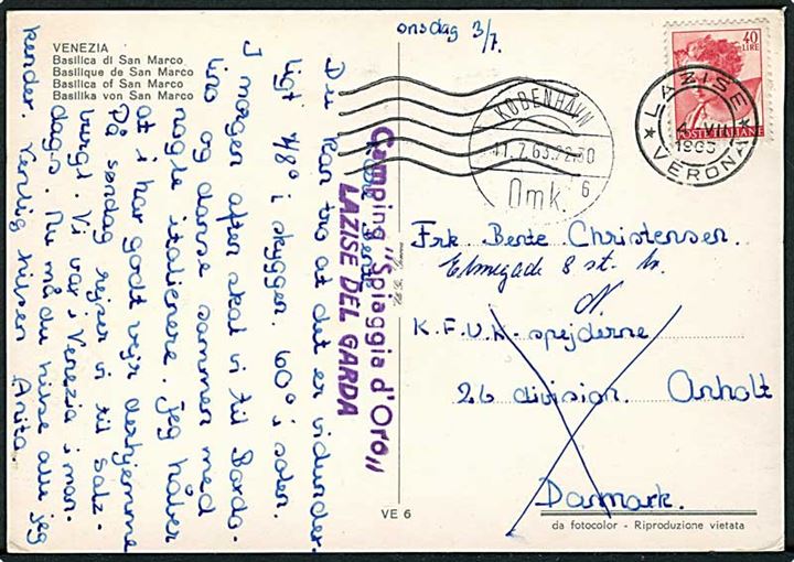 Italiensk 40 l. på brevkort fra Lazise d. 4.7.1963 til KFUK Spejderne på Anholt - eftersendt til København.