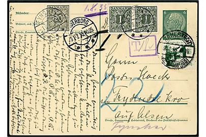 6 pfg. Hindenburg helsagsbrevkort opfrankeret med 6 pfg. sendt underfrankeret fra Rahlstedt d. 31.7.1935 via Sønderborg til Frydendal Kro på Als. Udtakseret i porto med 1 øre (par) og 20 øre Portomærke annulleret Fynshav d. 1.8.1935.