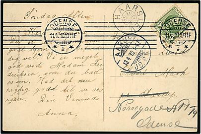 5 øre Fr. VIII på brevkort (Odense, Vandtårn) fra Odense d. 11.4.1910 til Elved Mark pr. Aarup. Eftersendt til Odense med stjernestempel HAARSLEV og sidestempel Aarup JB.P.E. d. 13.4.1910 d. 13.4.1910.