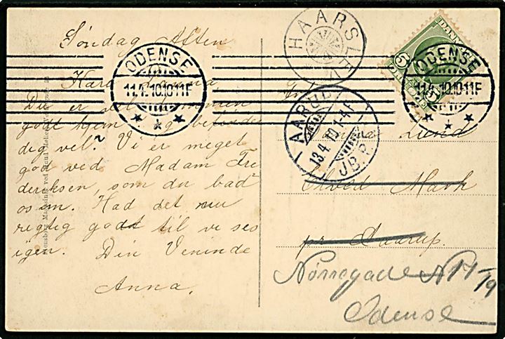 5 øre Fr. VIII på brevkort (Odense, Vandtårn) fra Odense d. 11.4.1910 til Elved Mark pr. Aarup. Eftersendt til Odense med stjernestempel HAARSLEV og sidestempel Aarup JB.P.E. d. 13.4.1910 d. 13.4.1910.