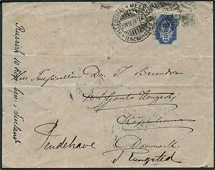 Russisk 10 kop. Våben på brev fra Helsingfors d. 29.8.1901 til Købnenhavn, Danmark - eftersendt til Rungsted.