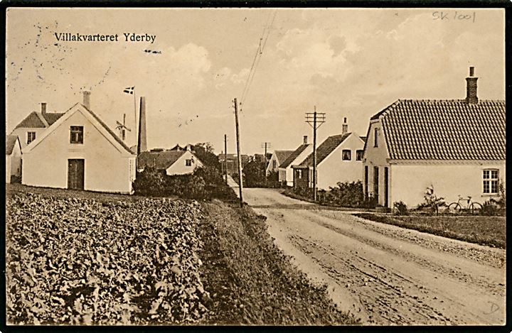 15 øre Chr. X på brevkort (Villakvarteret Yderby) annulleret med stjernestempel OVERBY og sidestemplet Nykjøbing Sjælland d. 30.10.1925
