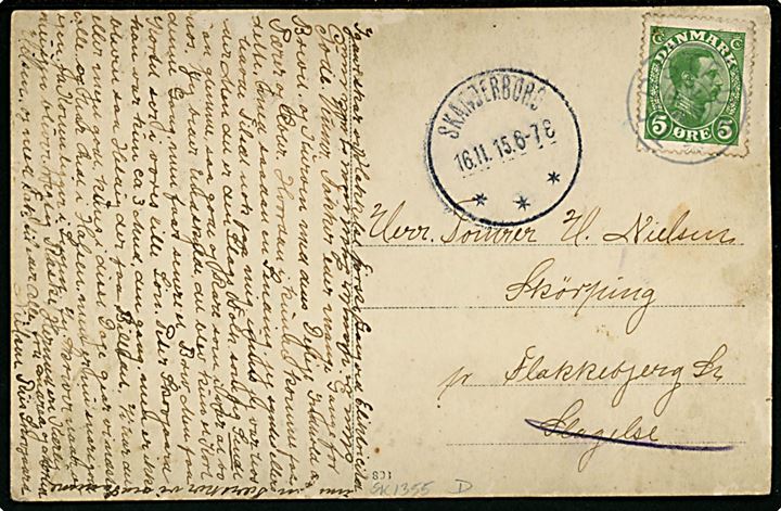 5 øre Chr. X på brevkort annulleret med stjernestempel TEBSTRUP og sidestemplet Skanderborg d. 16.11.1915 til Flakkebjerg.