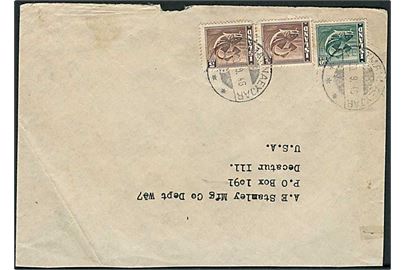 5 aur (par) og 50 aur Torsk på brev stemplet Vestmanaeyjar d. 20.9.1946 til Decatur, USA.