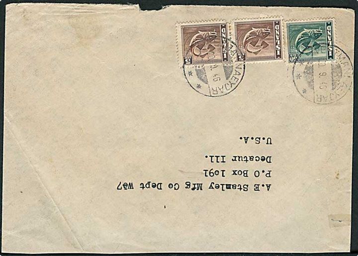 5 aur (par) og 50 aur Torsk på brev stemplet Vestmanaeyjar d. 20.9.1946 til Decatur, USA.