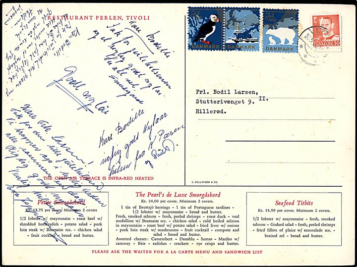 30 øre Fr. IX og Julemærke 1959 (3) på brevkort i overformat (Perlen i Tivoli, tegnet af P. Sorö (?)) stemplet Lyngby d. 30.12.1959 til Hillerød.