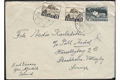 5 aur Erhverv (2) og 2,45 kr. Vandkraft på brev med svagt stempel d. 5.10.1957 til Stockholm, Sverige.