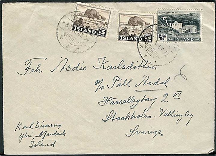 5 aur Erhverv (2) og 2,45 kr. Vandkraft på brev med svagt stempel d. 5.10.1957 til Stockholm, Sverige.