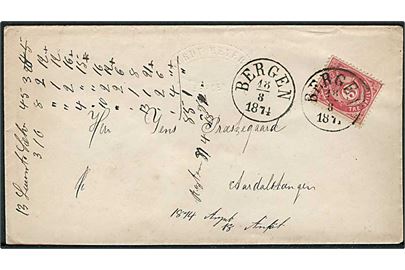 3 sk. Posthorn på brev fra Bergen d. 18.8.1874 til Aasdalstangen.