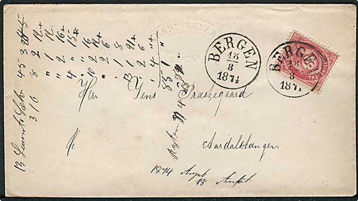 3 sk. Posthorn på brev fra Bergen d. 18.8.1874 til Aasdalstangen.