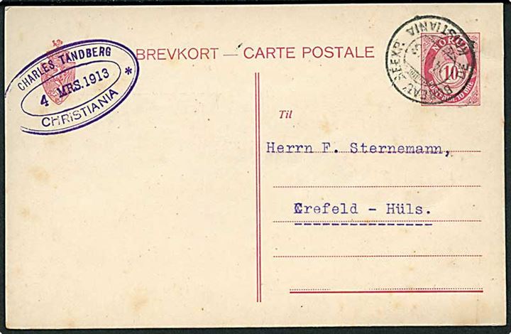 10 øre helsagsbrevkort fra Christiania stemplet Bureau reexp. de Kristiania d. 4.3.1913 til Crefeld, Tyskland.