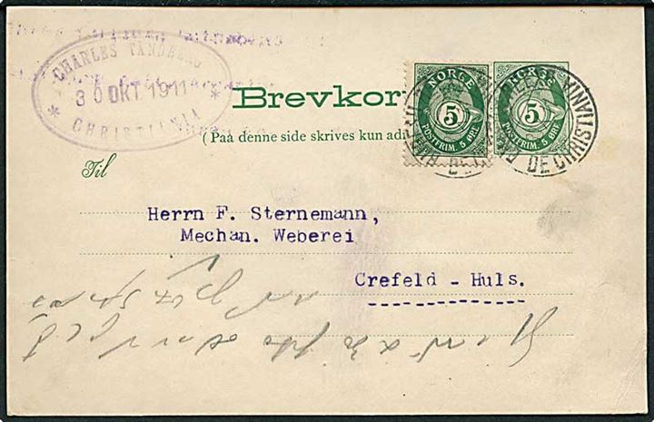 5 øre helsagsbrevkort opfrankeret med 5 øre Posthorn fra Christiania stemplet Bureau reexp. de Christiania d. 30.10.1911 til Crefeld, Tyskland.