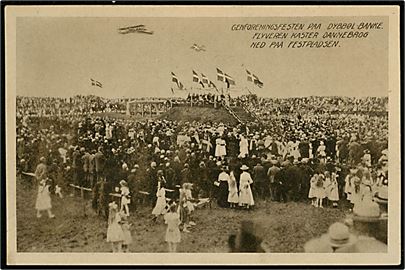 Genforening. Flyver nedkaster Dannebrog over Dybbøl ved Genforeningsfesten d. 11.7.1920. Stenders no. 197.