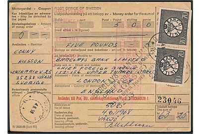 70 öre Riksbank 300 år i parstykke på international postanvisning fra Väksjö d. 4.6.1968 til London, England.