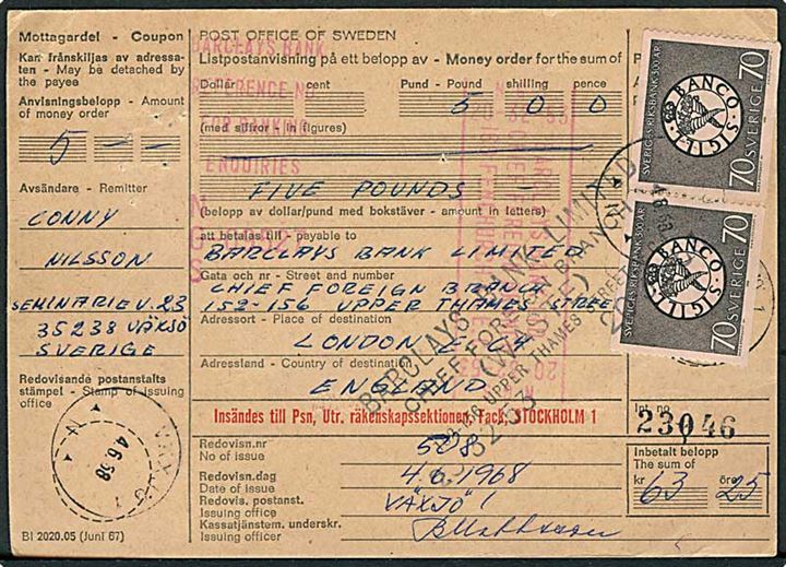 70 öre Riksbank 300 år i parstykke på international postanvisning fra Väksjö d. 4.6.1968 til London, England.