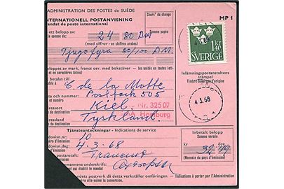 1,40 kr. Tre Kroner på international postanvisning med uklart stempel d. 4.3.1968 til Kiel, Tyskland.
