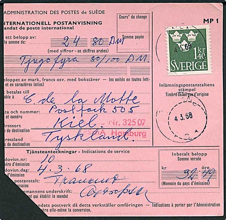 1,40 kr. Tre Kroner på international postanvisning med uklart stempel d. 4.3.1968 til Kiel, Tyskland.