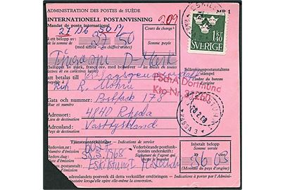 1,40 kr. Tre Kroner single på international postanvisning fra Eskilstuna d. 28.2.1968 til Rheda, Tyskland.