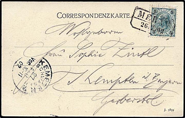 5 Heller grøn postkort Meran d. 26. 2.1902 til Kempten.