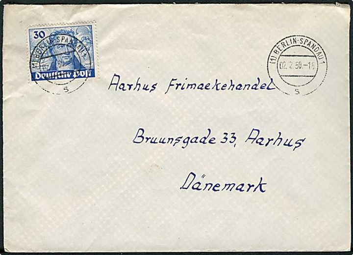 Berlin. 30 pfg. Goethe single på brev fra Berlin-Spandau d. 2.2.1950 til Aarhus, Danmark.
