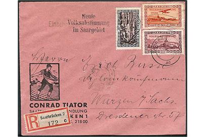 50 c. og 75 pfg. Volksabstimmung 1935, samt 60 c. Luftpost Volksabstimmung 1935 provisorier på anbefalet brev fra Saarbrücken d. 13.1.1935 til Wurzen, Tyskland.