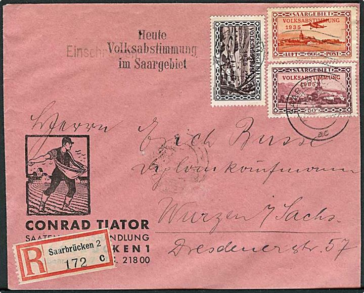 50 c. og 75 pfg. Volksabstimmung 1935, samt 60 c. Luftpost Volksabstimmung 1935 provisorier på anbefalet brev fra Saarbrücken d. 13.1.1935 til Wurzen, Tyskland.