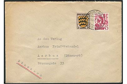 Fransk Zone - Baden. 45 pfg. Baden udg. og 5 pfg. Fælles udg. på brev fra Triberg d. 17.11.1947 til Aarhus, Danmark.
