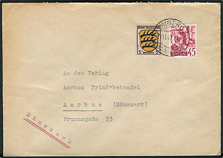 Fransk Zone - Baden. 45 pfg. Baden udg. og 5 pfg. Fælles udg. på brev fra Triberg d. 17.11.1947 til Aarhus, Danmark.