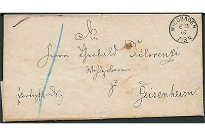 1869. Ufrankeret tjenestebrev stemplet Wiesbaden d. 16.12.1869 til Geisenheim. Påskrevet 1 gr. porto.