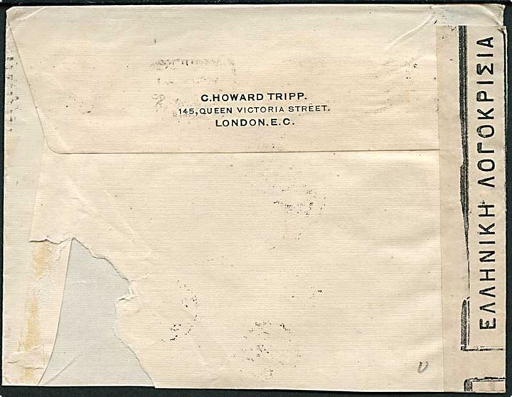 25 l. Iris single på brev fra Athen d. 20.2.1918 til Olten, Schweiz. Åbnet af græsk censur. Skade på bagsiden.
