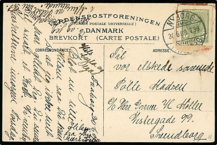 Faaborg Roklub. E.C. Alströms no. 4842. Med 5 øre Fr. VIII helsagsklip, annulleret bureau stempel Nyborg - Svendborg 30.06.1909 T.39. (adresseret Faaborg) til Svendborg.