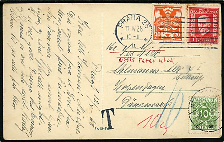 Tjekkisk 1,20 kr. blandingsfrankeret brevkort fra Prag d. 11.4.1928 til København, Danmark. Udtakseret i porto med 10 øre Portomærke stemplet i Hellerup.