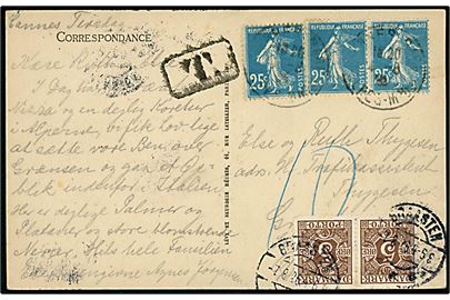 Fransk 25 c. (3) på underfrankeret brev fra Cannes 1926 til Graasten, Danmark. Udtakseret i porto med 5 øre Portopmærke i parstykke stemplet Graasten d. 7.8.1926.
