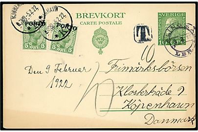Svensk 10 öre Gustaf helsagsbrevkort sendt underfrankeret fra Alingsås d. 3.2.1922 til København, Danmark. Udtakseret i porto med 5 øreChr. X Porto-provisorium (2) stemplet Kjøbenhavn d. 5.2.1922.