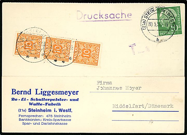 Tysk 10 pfg. på underfrankeret tryksagskort fra Steinheim d. 30.5.1958 til Middelfart, Danmark. Udtakseret i porto med 10 øre Portomærke i 3-stribe stemplet Middelfart d. 2.6.1958.