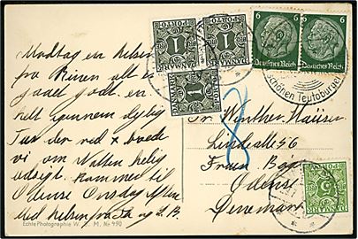 Tysk 6 pfg. Hindenburg (2) på underfrankeret brevkort fra Horn (Lippe) d. 27.7.1936 til Fruens Bøge, Danmark. Udtakseret i porto med 1 øre (3) og 5 øre Portomærke stemplet Fruens Bøge d. 29.7.1936.