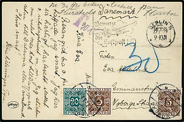 Ufrankeret tysk brevkort fra Berlin d. 29.7.1929 til kvinde på Seminaristmøde på Nyborg Strand, Danmark. Udtakseret i porto med 5 øre (2) og 20 øre Portomærke stemplet Nyborg d. 31.7.1929. Påskrevet De 30 Øre bedes betalt paa Kurstedets Kontor.