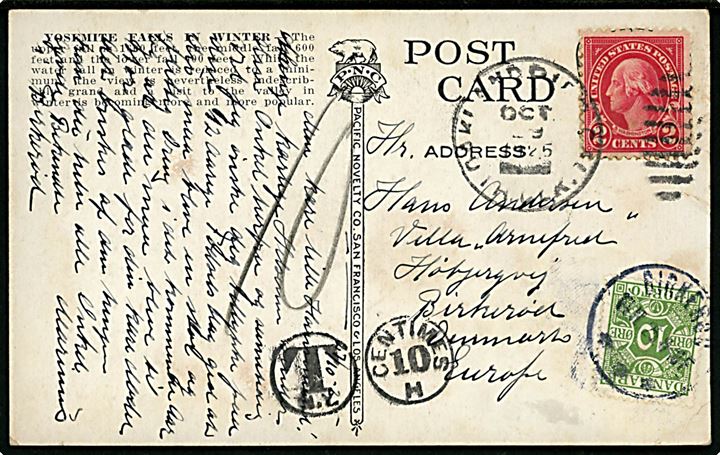 Amerikansk 2 cents Washington på underfrankeret brevkort annulleret med bureaustempel Oalkand Pier, Cal. TR CLK d. 29.10.1925 til Birkerød, Danmark. Udtakseret i porto med 10 øre Portomærke stemplet Birkerød d. 14.11.1925.