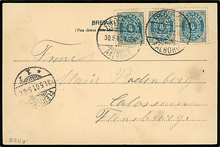 4 øre Tofarvet omv. rm. i vandret 3-stribe på overfrankeret brevkort (Skyttehuset, Vejle) annulleret med bureaustempel Fredericia - Aalborg T.186 d. 30.5.1901 til Flensburg, Tyskland.