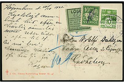 10 øre Bølgelinie på underfrankeret brevkort fra København d. 10.10.1922 til Göteborg, Sverige. Påsat svensk grøn Lösen etiket og 10 öre Løve som portomærke.